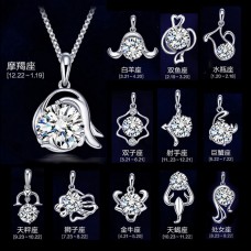 12 Zodiac sign charm necklace, white gold plated shining cubic zirconia star sign pendant for women